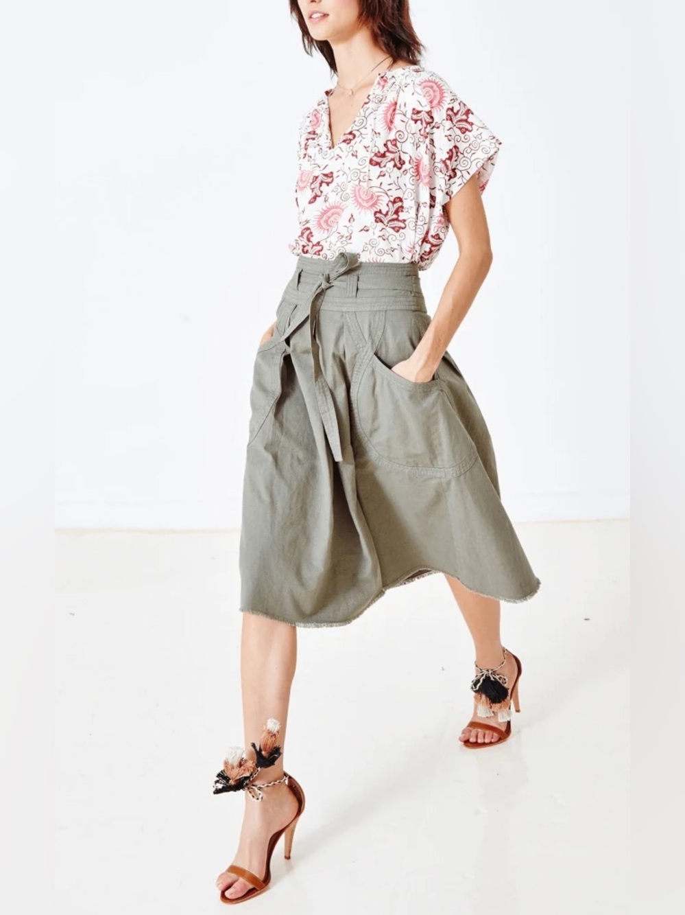 Ulla Johnson Dinan Midi Skirt Olive Green Belted 100% Cotton Frayed Hem Size 2